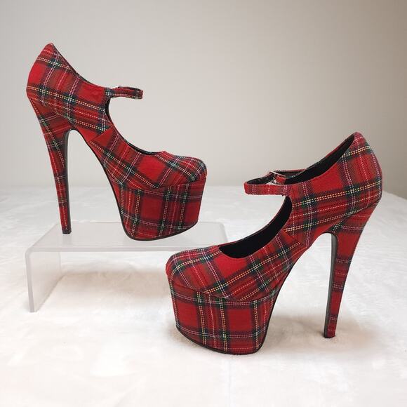Vintage Y2k Plaid Platform Mary Jane Heels 6 Red 6.5 Inch Heel Height Pleasers - Picture 2 of 10